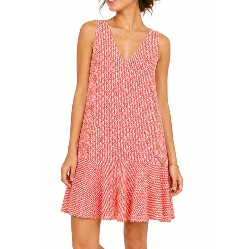 Banana Republic Womens XL Coral White Geometric Leaf V-Neck Flounce Shift Dress